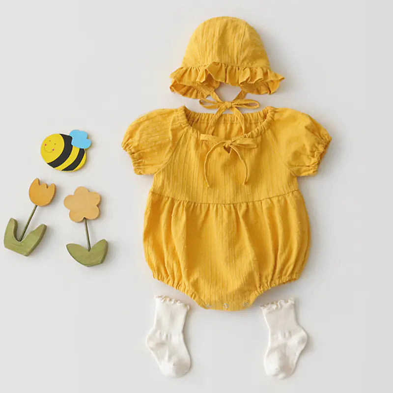 Summer Baby Girls' Bubble Sleeve Romper and Hat Set