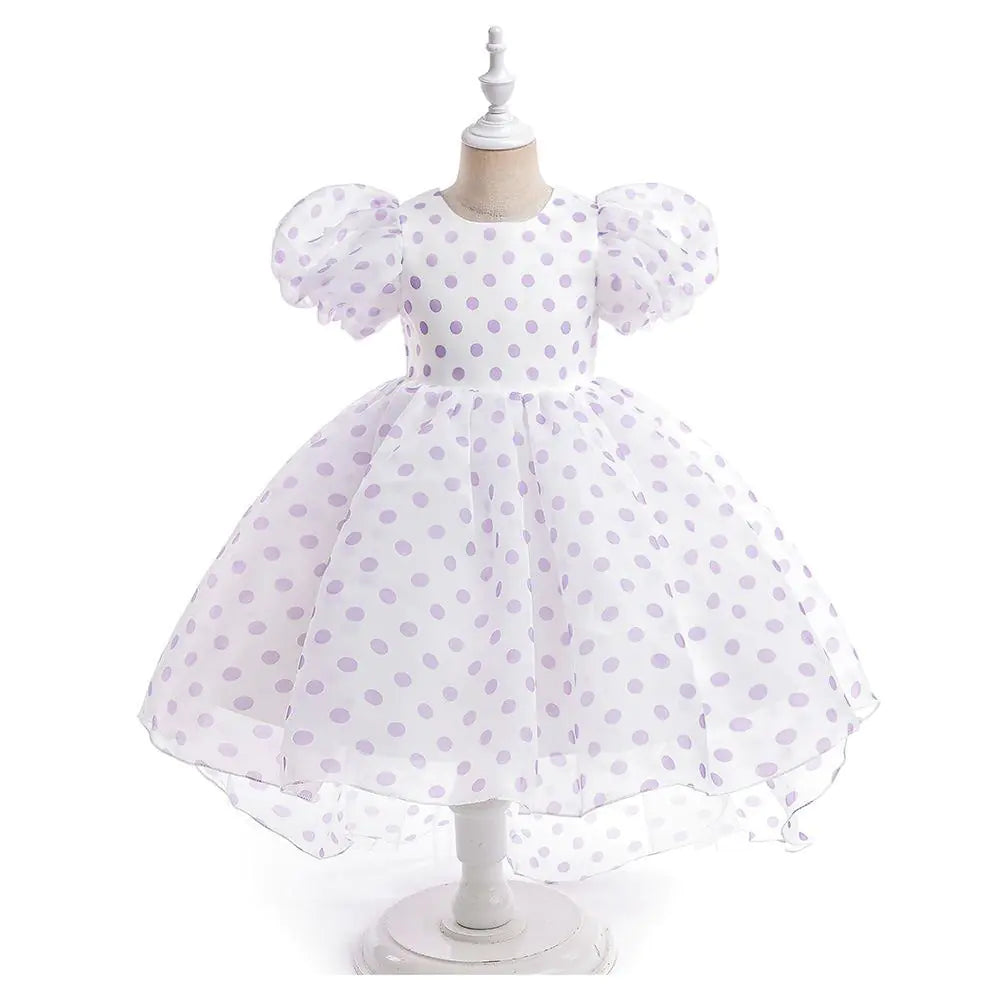 Girls' Princess Dress with Puff Sleeves and Polka Dots
