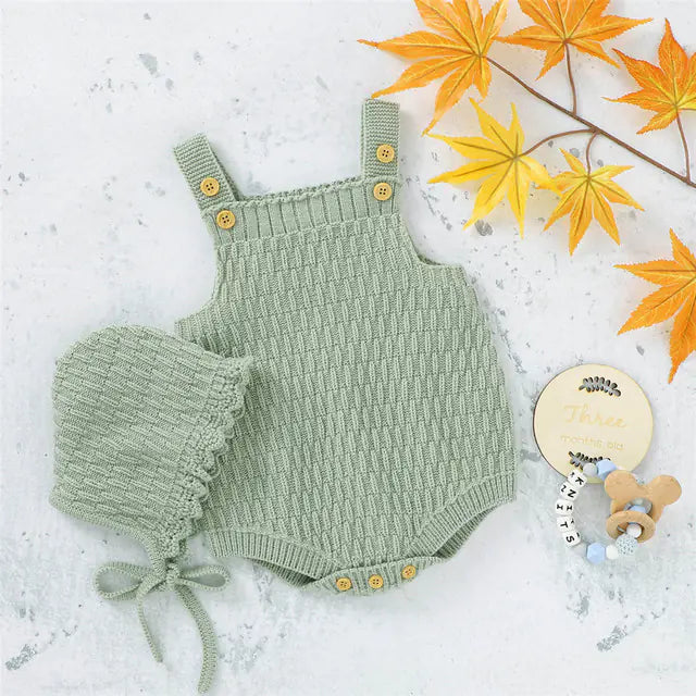 Knitted Baby Romper and Hat Set for Toddlers (2 Pcs)