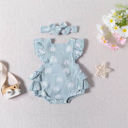 Summer Baby Cute Rainbow Print Romper & Headscarf Set