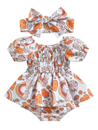 Summer Floral Print Baby Romper with Headscarf