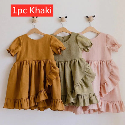 Girls' Cotton Linen Princess Dresses with Ruffles