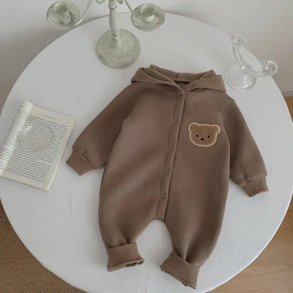 Cute Bear Cartoon Fleece Jumpsuit for Baby Boys and Girls