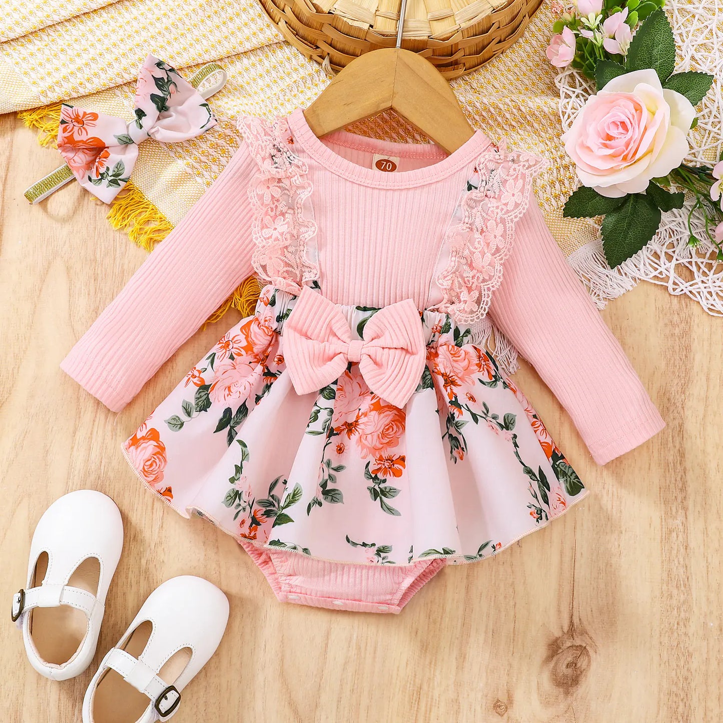 Baby Cotton Long-Sleeve Lace Floral Jumpsuit (1-3 Years)