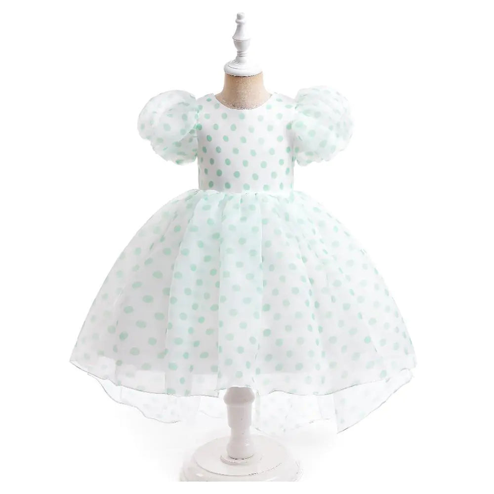 Girls' Princess Dress with Puff Sleeves and Polka Dots