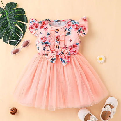Baby Girl Printed Mesh Flying Sleeve Summer Dress