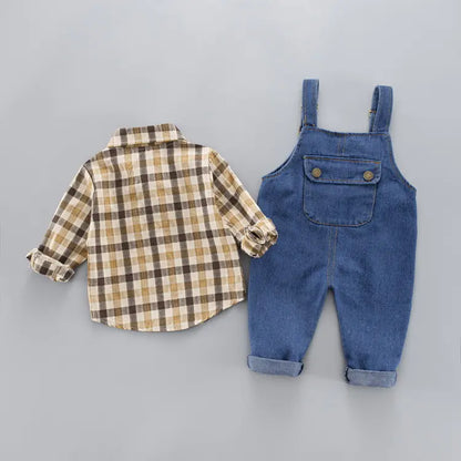 Boys' Long Sleeve Plaid Shirt with Denim Overalls Set
