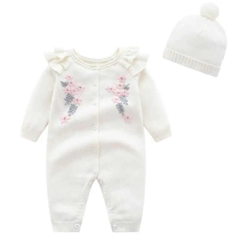 New Spring Autumn Baby Girl Embroidery Rompers & Hat