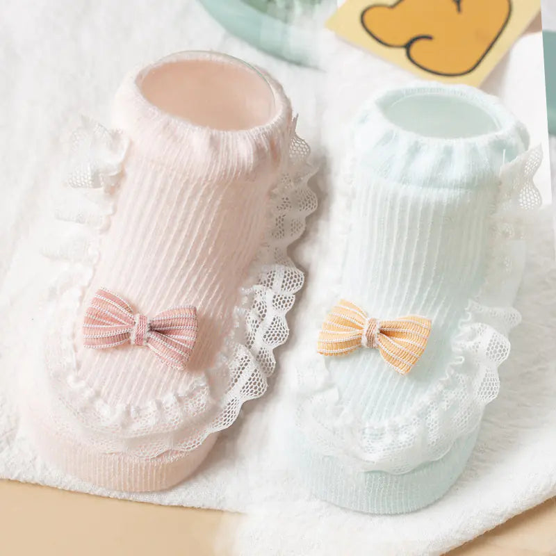 Cotton Baby Socks with Bow and Lace for Spring/Summer
