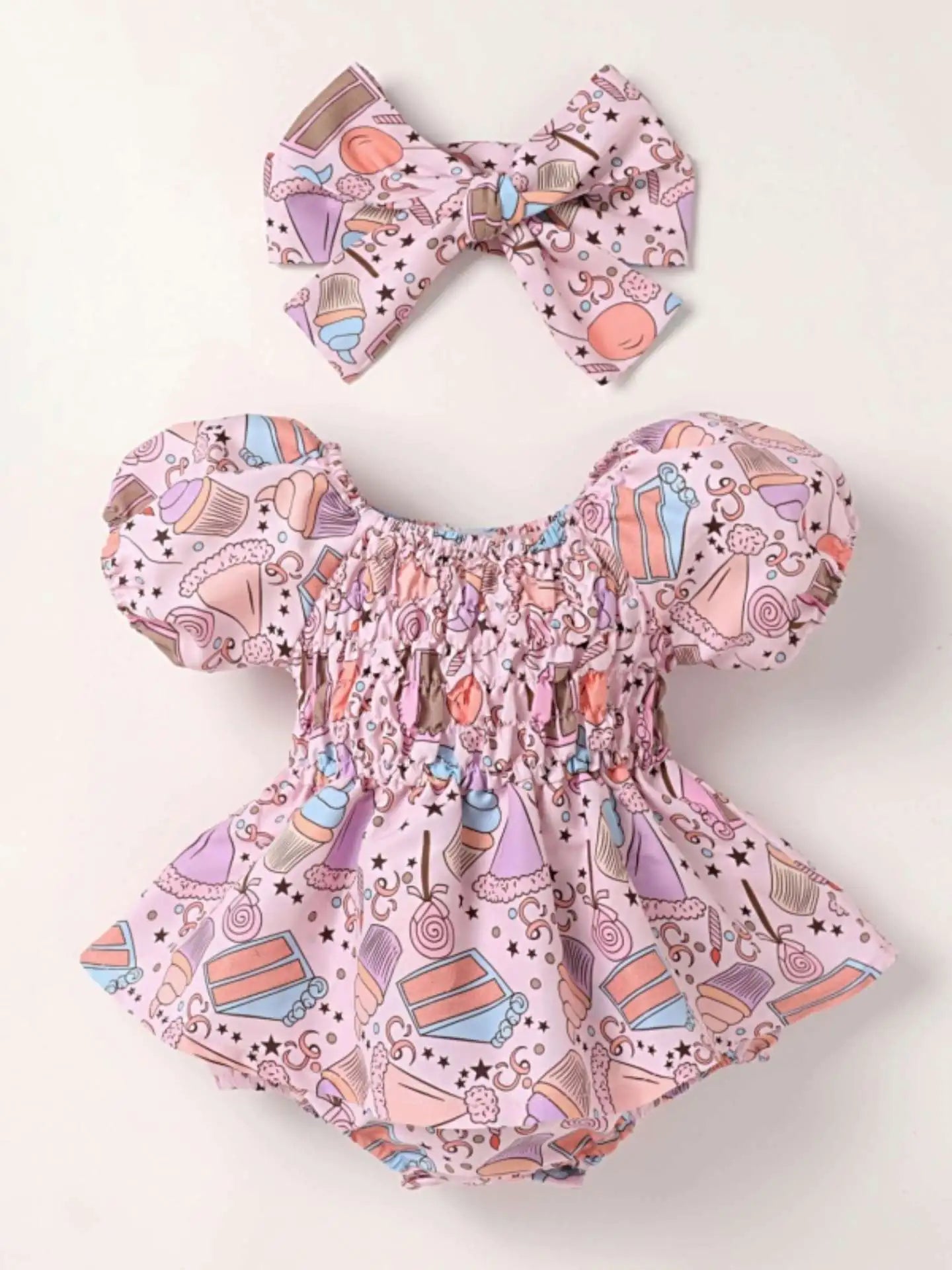 Summer Floral Print Baby Romper with Headscarf