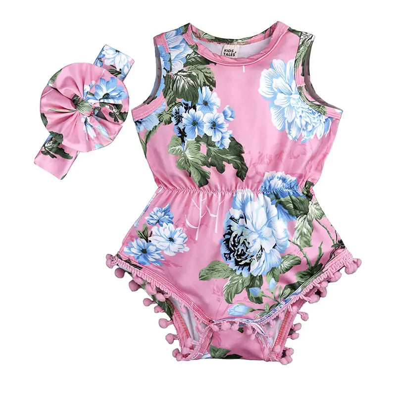 Baby Girls Floral Jumpsuit Romper with Headband Outfit