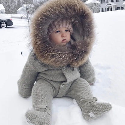 Cute Warm Hooded Baby Jumpsuit with Button Closure