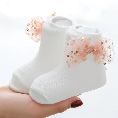 Baby Lace Bow Tie Socks for Girls (Ages 0-2)