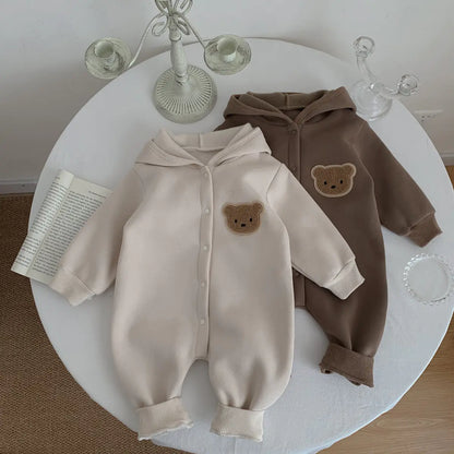 Cute Bear Cartoon Fleece Jumpsuit for Baby Boys and Girls