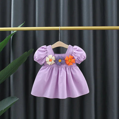 Girls' Square Collar Puff Sleeve Princess Dress