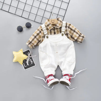 Boys' Long Sleeve Plaid Shirt with Denim Overalls Set