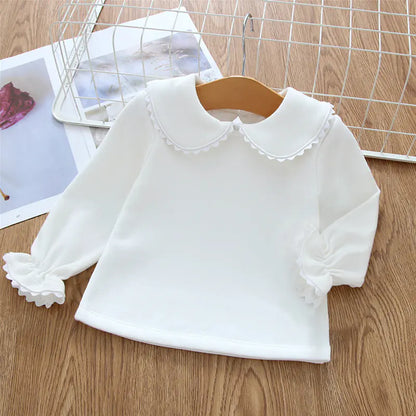 Beige Fleece-lined Long-sleeve Baby T-shirt with Lace Collar