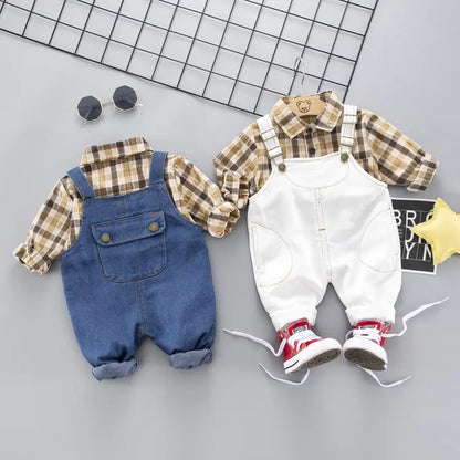 Boys' Long Sleeve Plaid Shirt with Denim Overalls Set