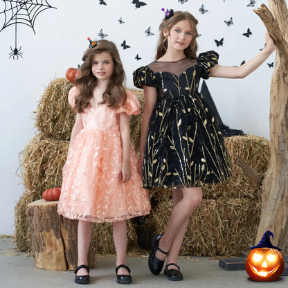 Girls Casual Puff Sleeve Sequined Embroidered Dress