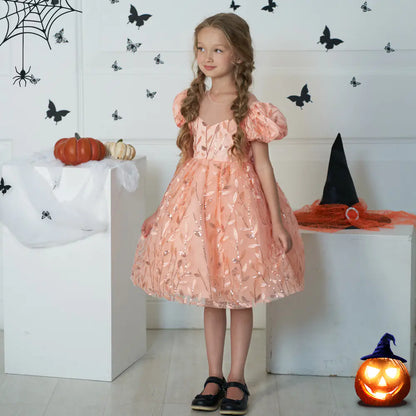 Girls Casual Puff Sleeve Sequined Embroidered Dress