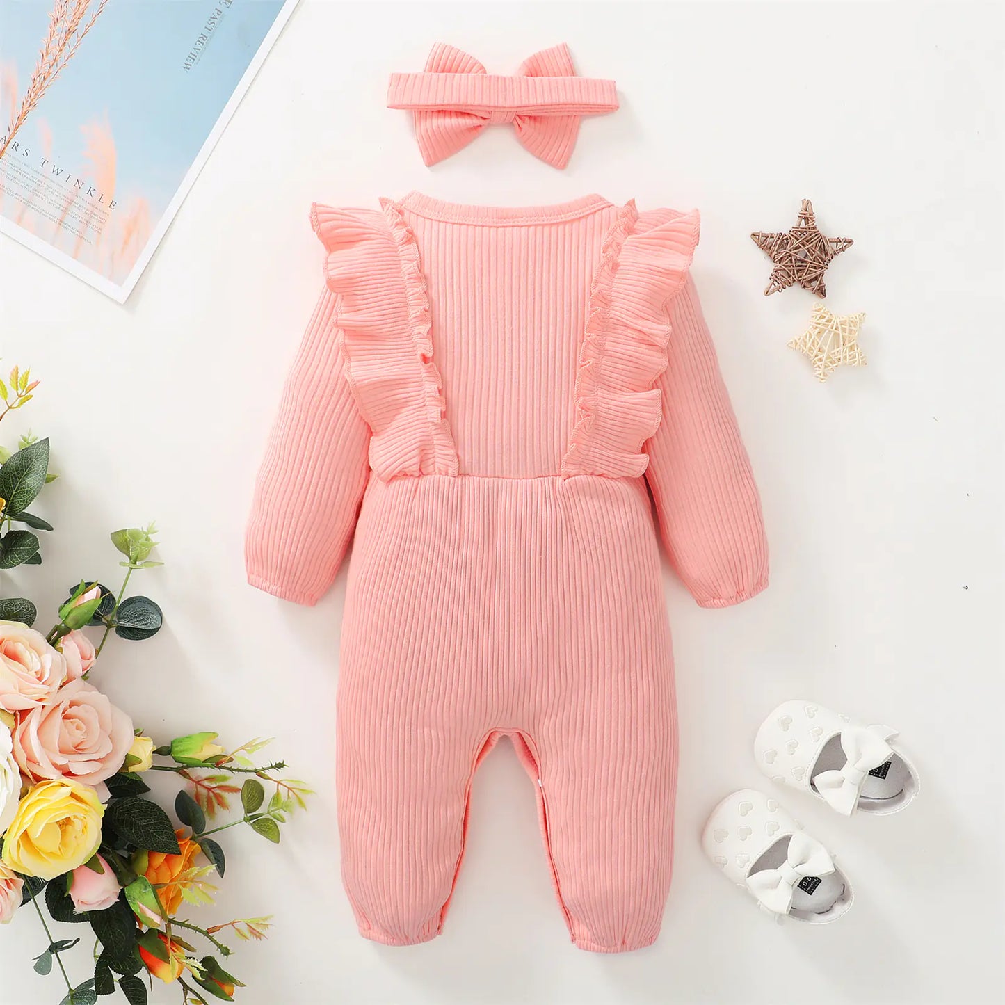 Baby Girl 2pcs Cotton Ribbed Romper and Headband Set