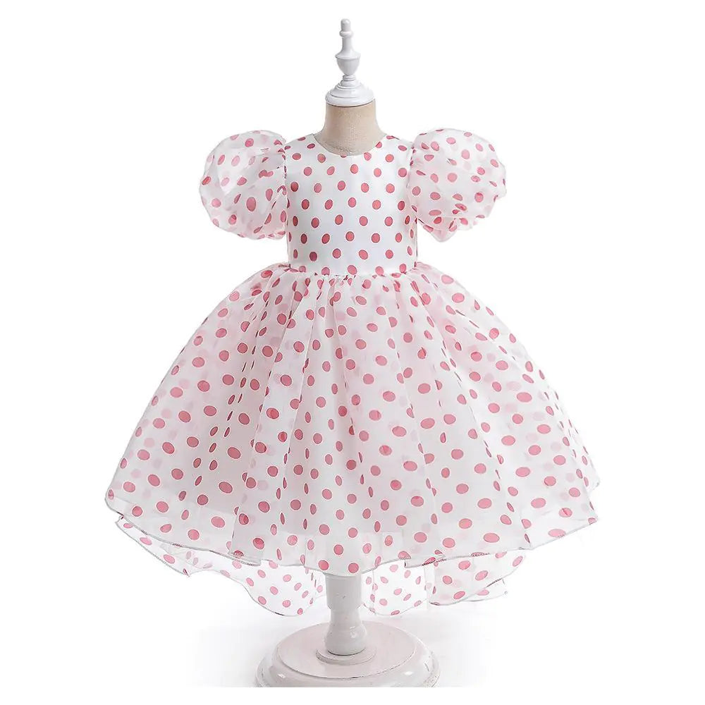 Girls' Princess Dress with Puff Sleeves and Polka Dots