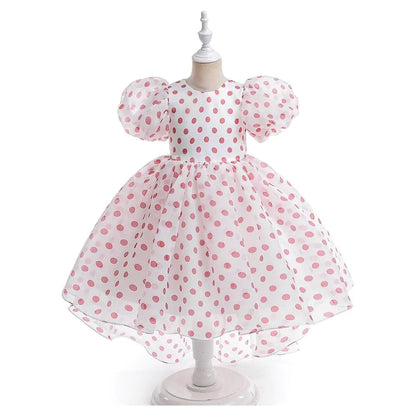 Girls' Princess Dress with Puff Sleeves and Polka Dots