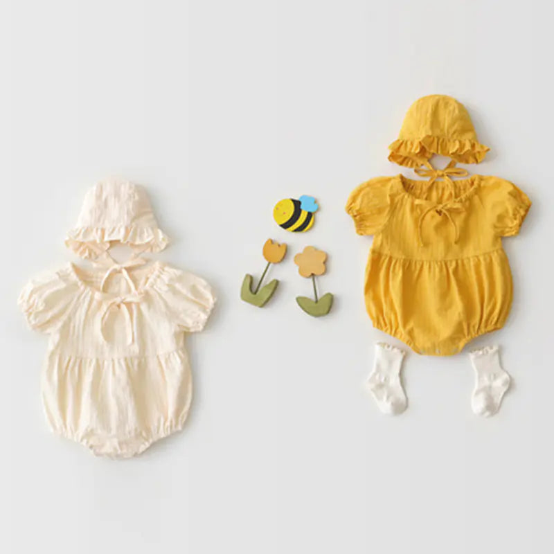 Summer Baby Girls' Bubble Sleeve Romper and Hat Set