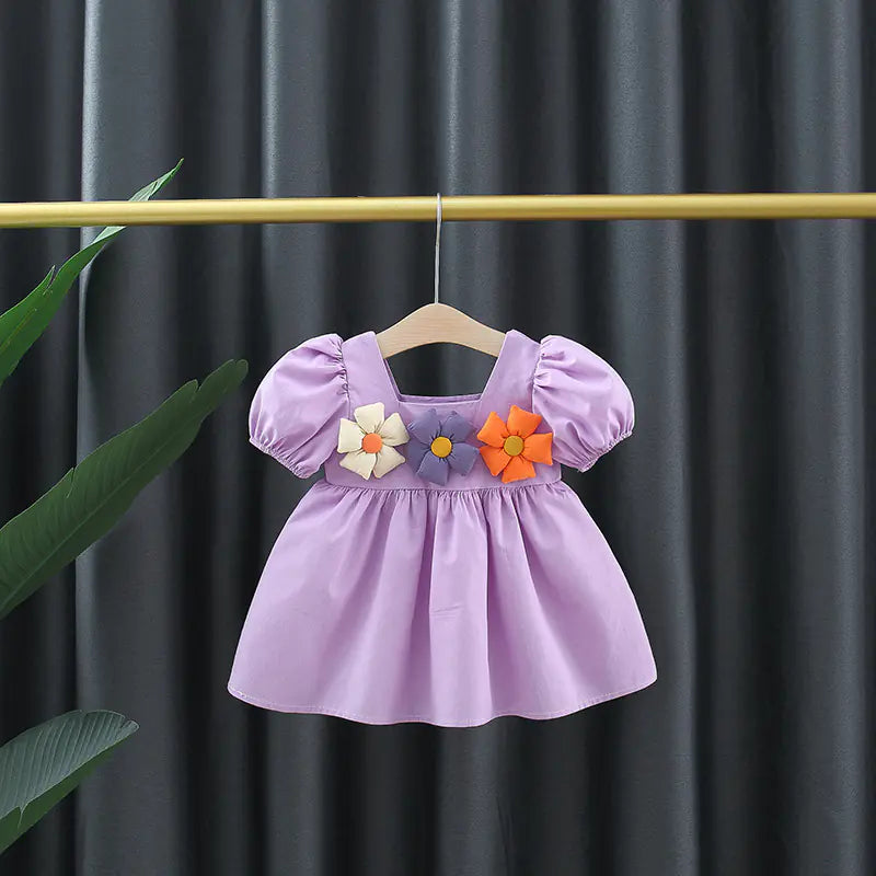 Girls' Square Collar Puff Sleeve Princess Dress