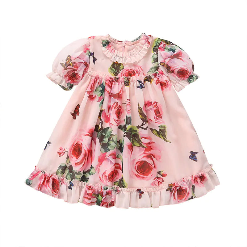 Cute Baby Girls A-line Dress with Flower Puff Sleeves