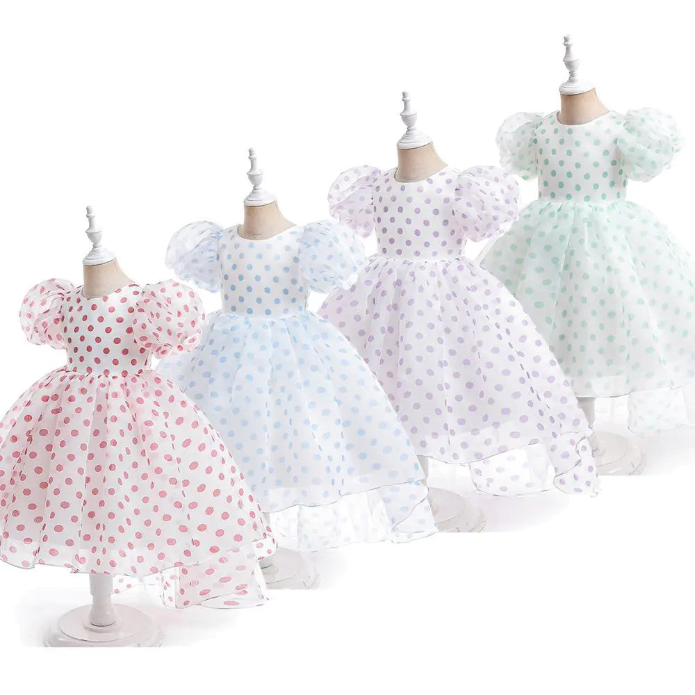 Girls' Princess Dress with Puff Sleeves and Polka Dots