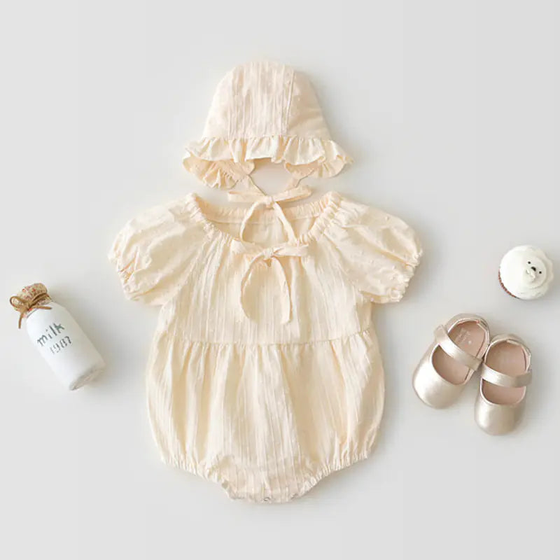 Summer Baby Girls' Bubble Sleeve Romper and Hat Set