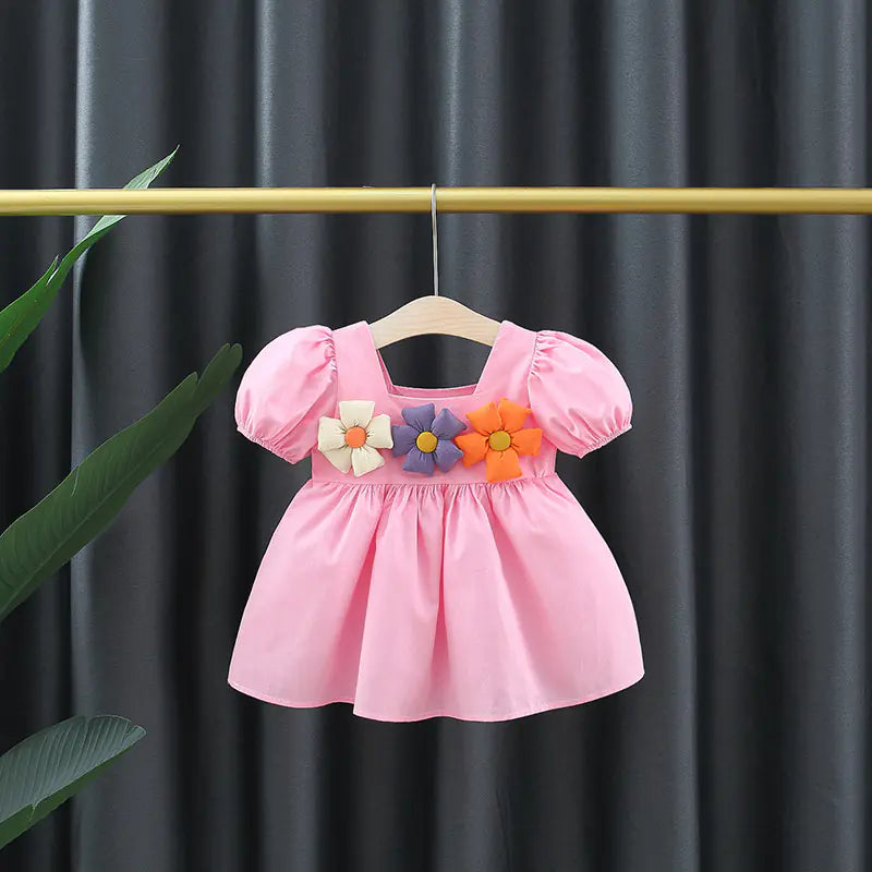 Girls' Square Collar Puff Sleeve Princess Dress