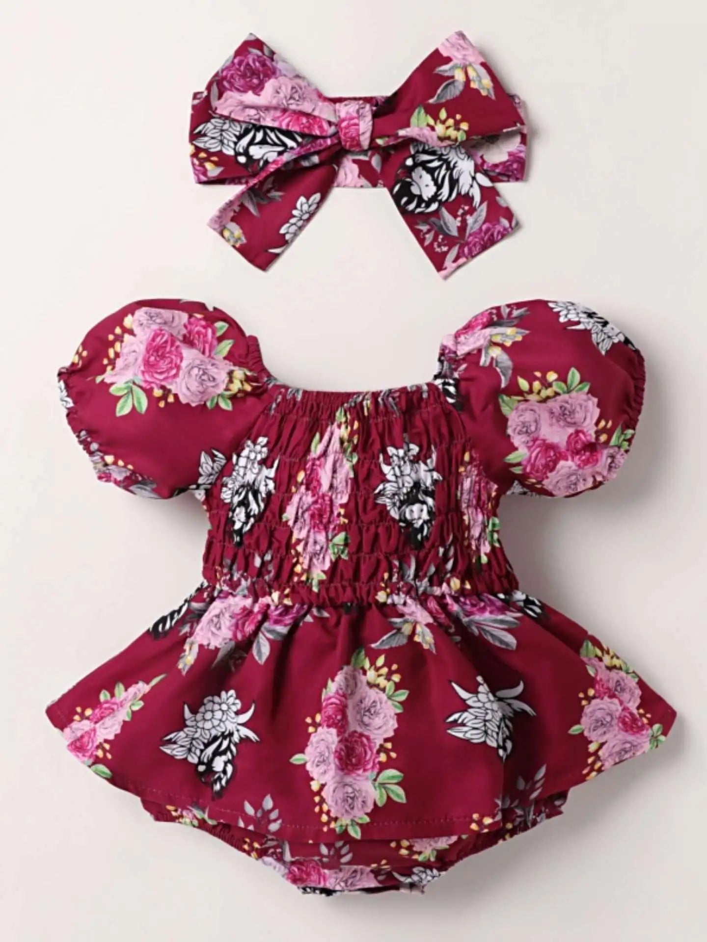 Summer Floral Print Baby Romper with Headscarf