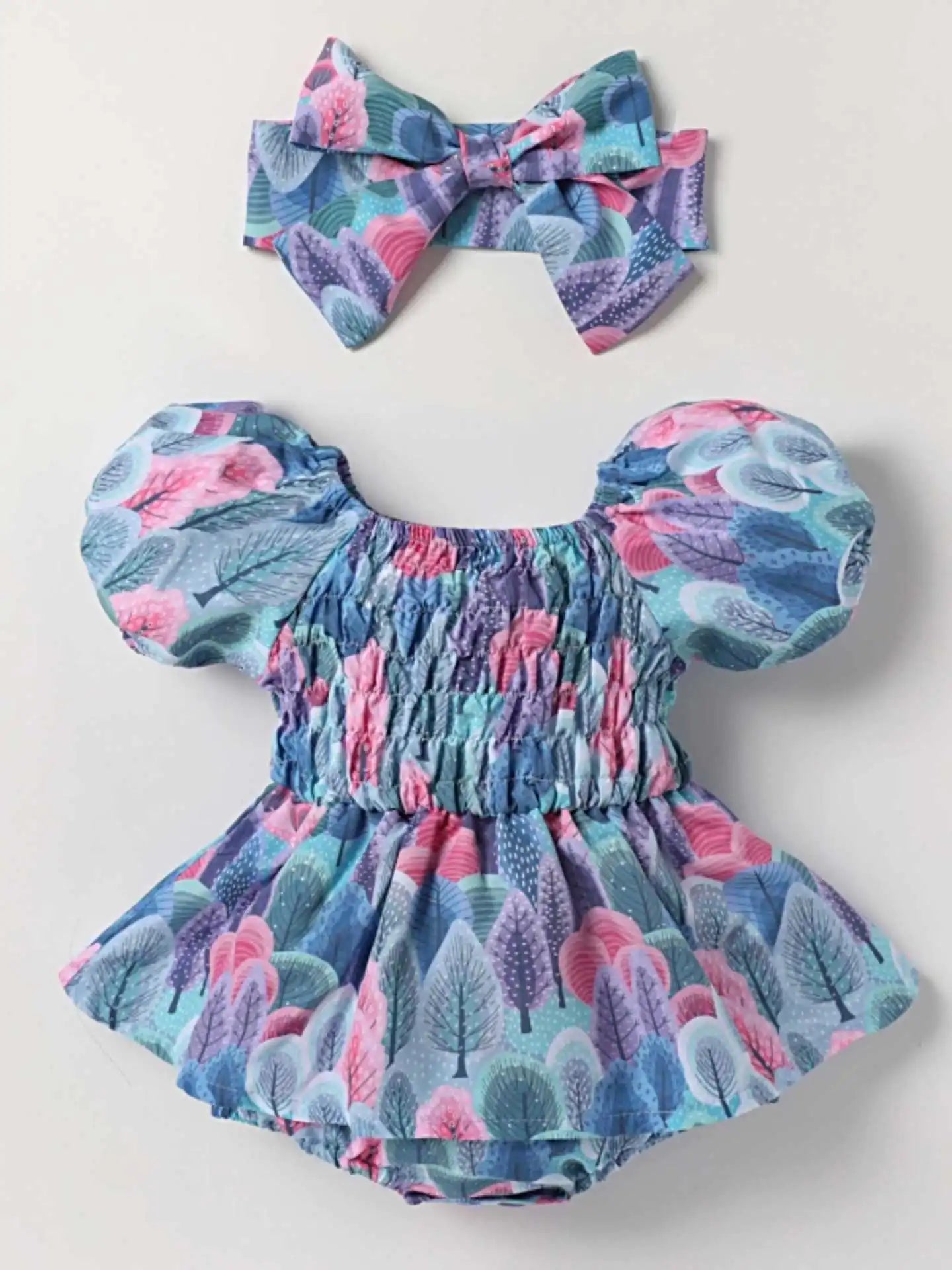 Summer Floral Print Baby Romper with Headscarf