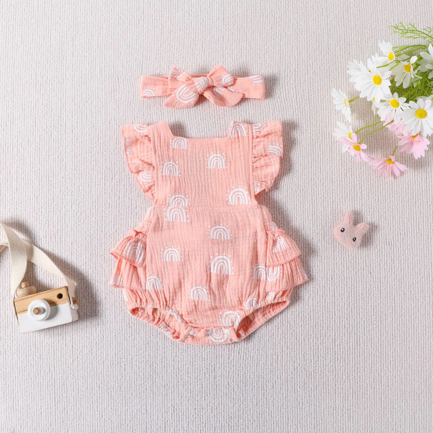 Summer Baby Cute Rainbow Print Romper & Headscarf Set