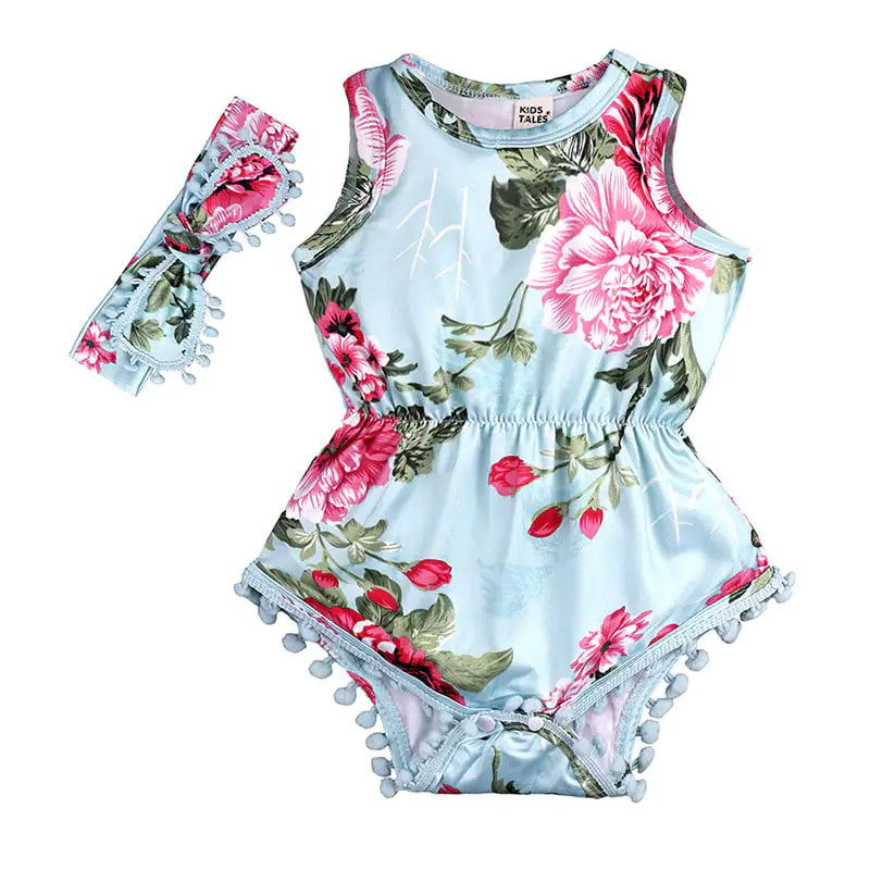 Baby Girls Floral Jumpsuit Romper with Headband Outfit
