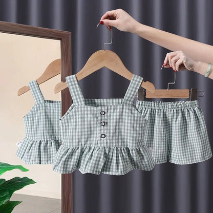 Girls' Summer Two-Piece Plaid Suit for Ages 3-8