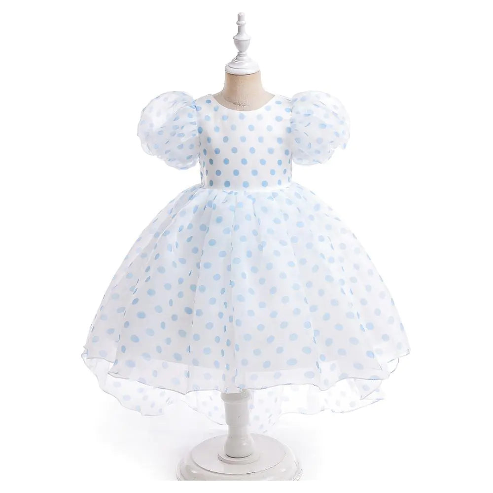 Girls' Princess Dress with Puff Sleeves and Polka Dots
