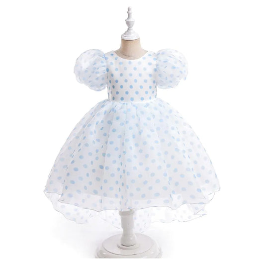 Girls' Princess Dress with Puff Sleeves and Polka Dots