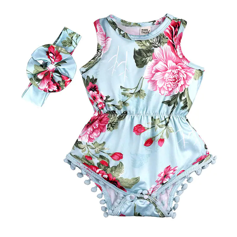 Baby Girls Floral Jumpsuit Romper with Headband Outfit