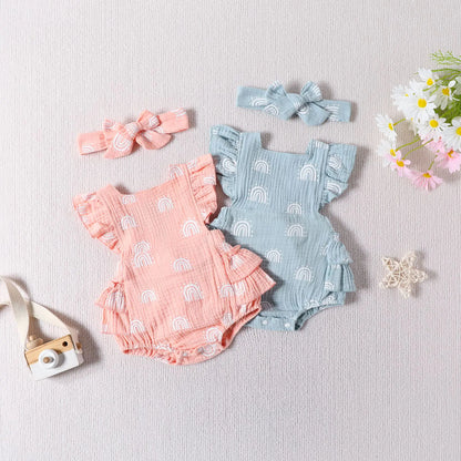 Summer Baby Cute Rainbow Print Romper & Headscarf Set