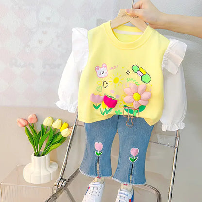 Baby Girls Lace Floral T-Shirt and Jeans Outfit Set