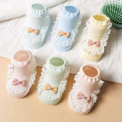Cotton Baby Socks with Bow and Lace for Spring/Summer