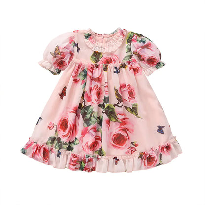 Cute Baby Girls A-line Dress with Flower Puff Sleeves