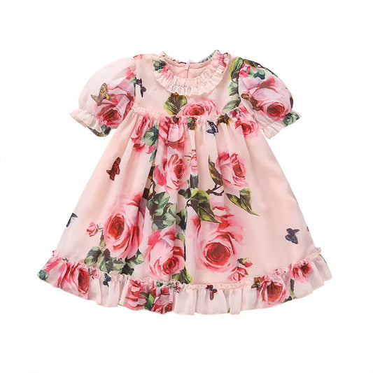 Cute Baby Girls A-line Dress with Flower Puff Sleeves