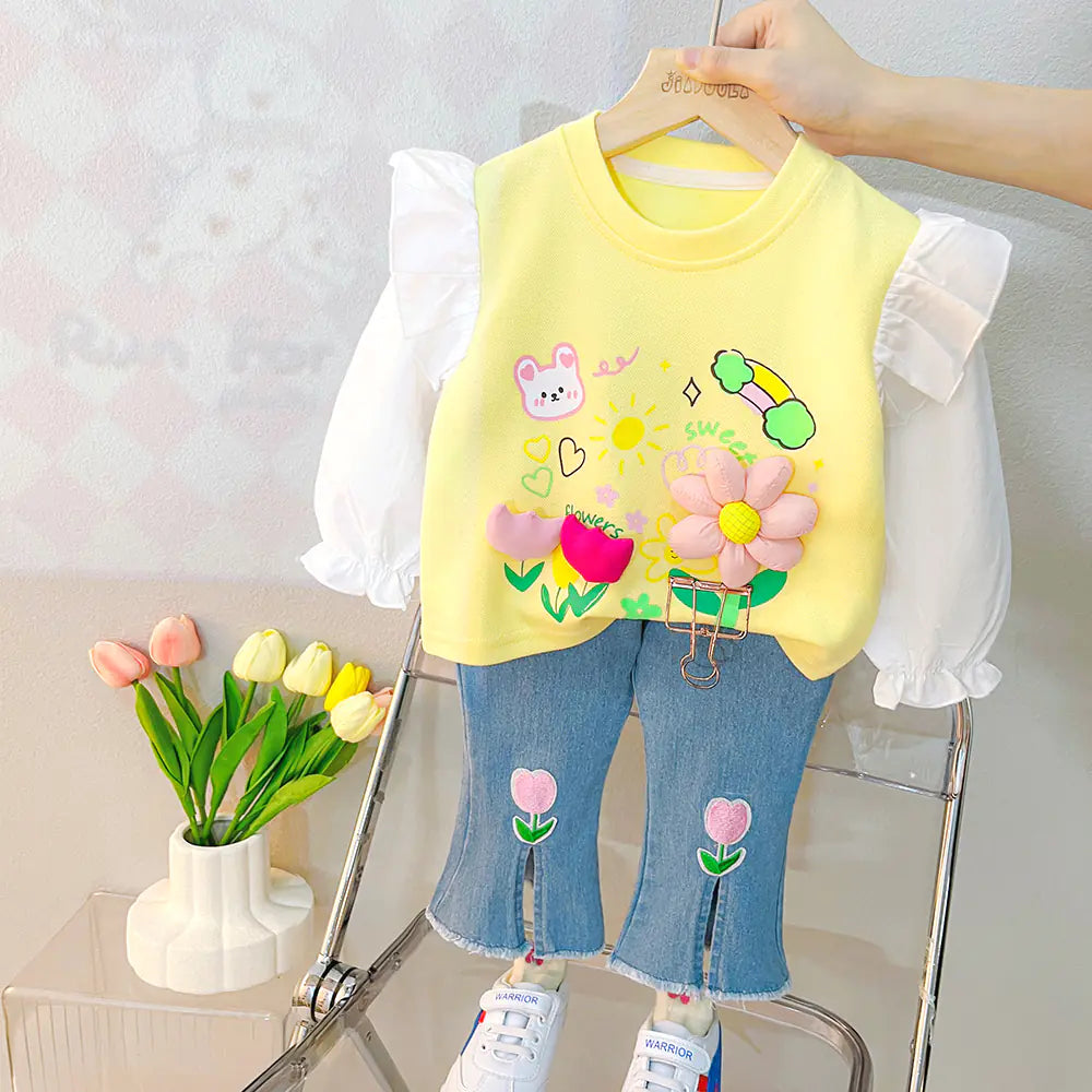 Baby Girls Lace Floral T-Shirt and Jeans Outfit Set