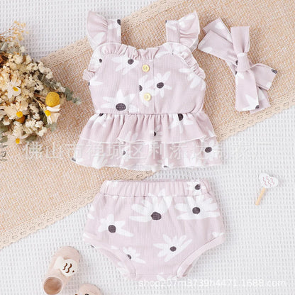 2023 Summer Korean Style Baby Girls Floral Outfit Set
