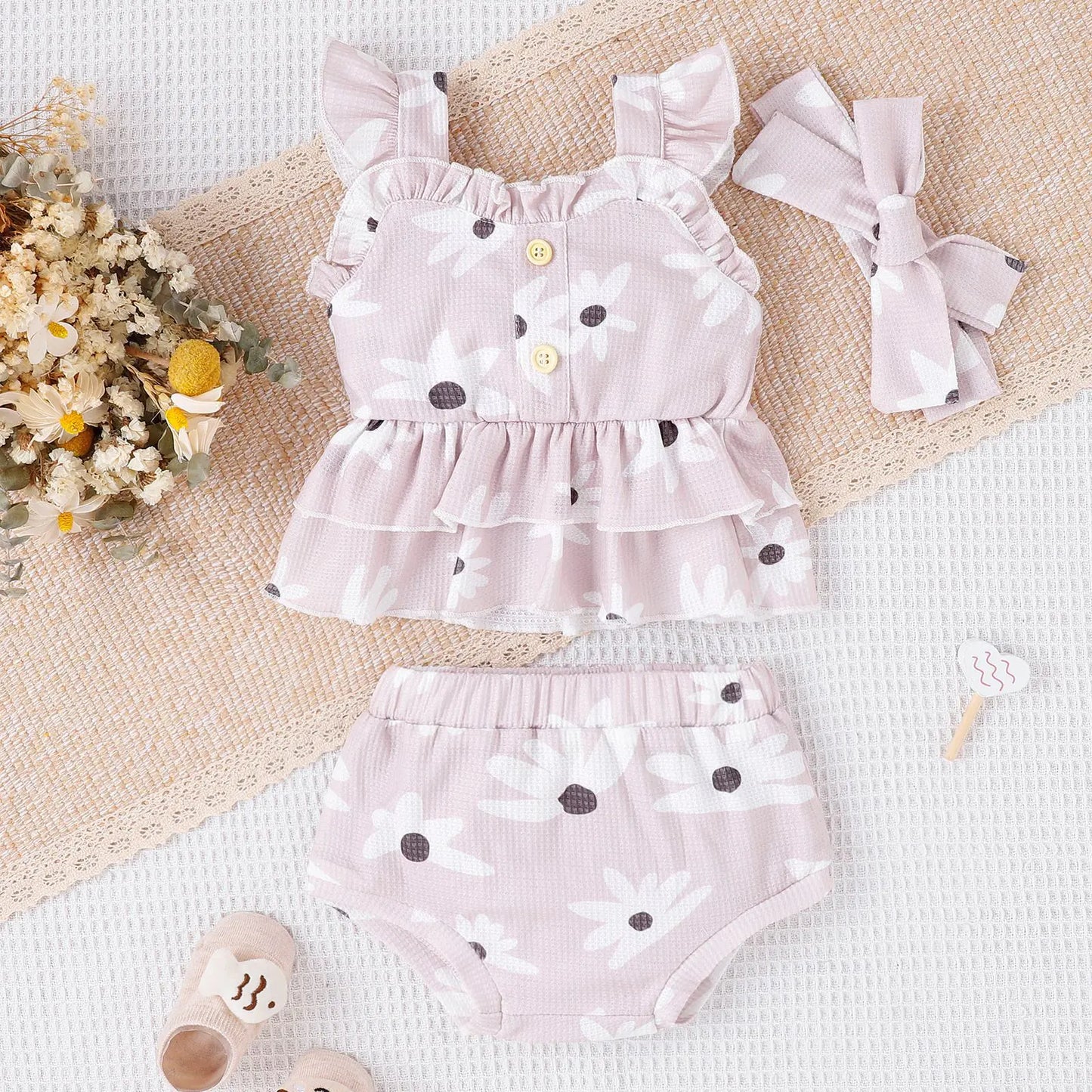 2023 Summer Korean Style Baby Girls Floral Outfit Set