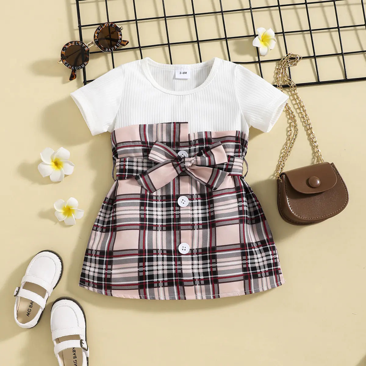 Girls Baby Plaid Two-Piece Dress with Belt